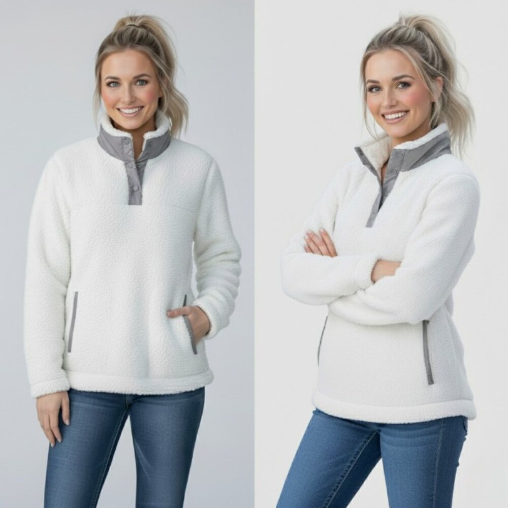 NWT Eddie Bauer Sherpa Fleece Pullover Coconut Milk & Frost Gray Snap-Neck, Sz M